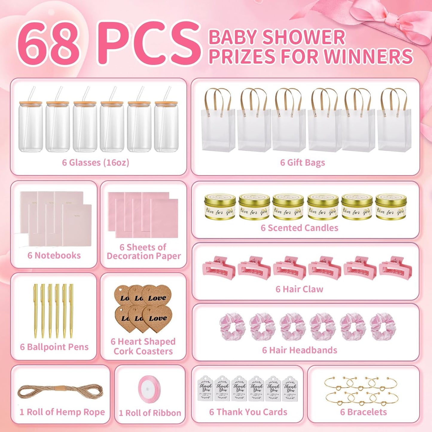 68Pcs Baby Shower Prizes for Game Winners Gifts Wedding Bridal Shower Gifts Including Glass Cans Notebooks Soy Candles Hair Clips for Baby Shower Wedding Bridal Shower Game Prizes (6, Pink)