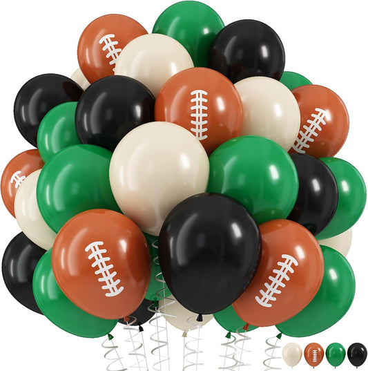 Football Balloons, 12 Inch Dark Green Black White Sand with Brown Printed Sports Latex Balloon for Kids Boys Game Football Sport Themed Birthday Party Decor Baby Shower Decorations Supplies