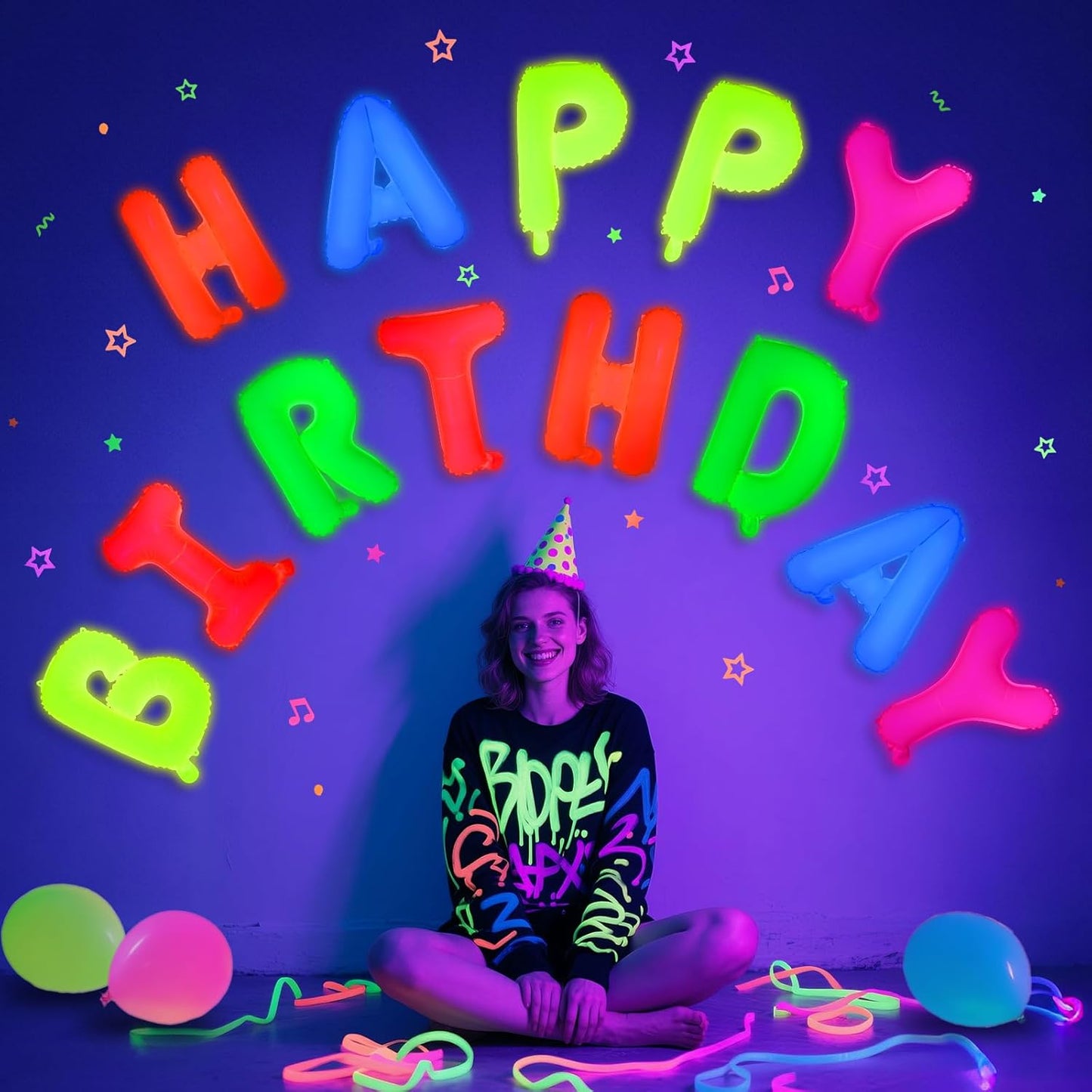 Mega-L Glow in The Dark Party Supplies, 16 Inch Fluorescent Happy Birthday Balloons,Black Light Happy Birthday Sign Photo Booth Props Primary Color Birthday Party Decor for Neon Party