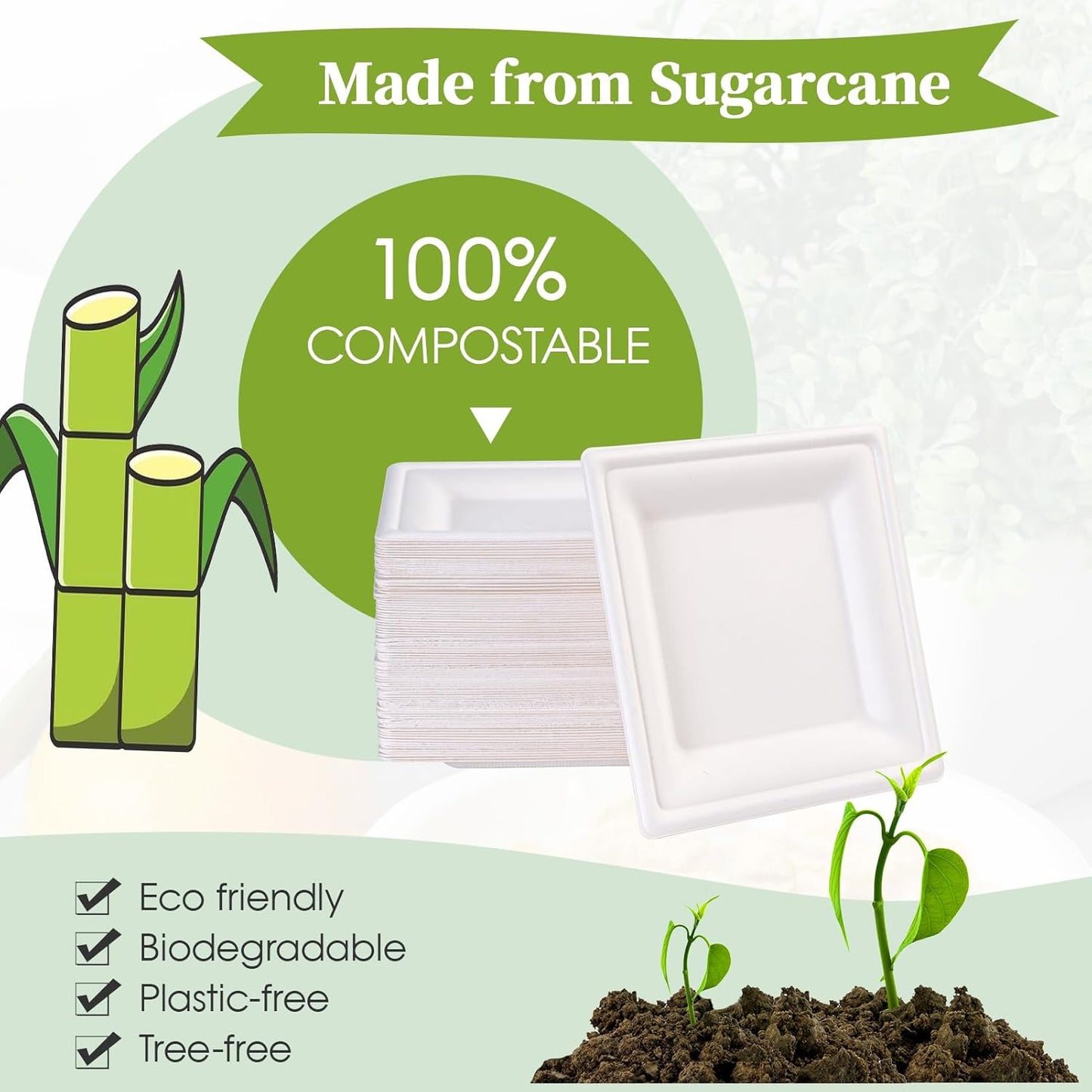 ECOLipak 10 Inch Square Paper Plates, 300 Pack Compostable Heavy Duty Biodegradable Paper Plates, Made from Sugarcane, Eco Friendly White Disposable Plates for Party, Dinner