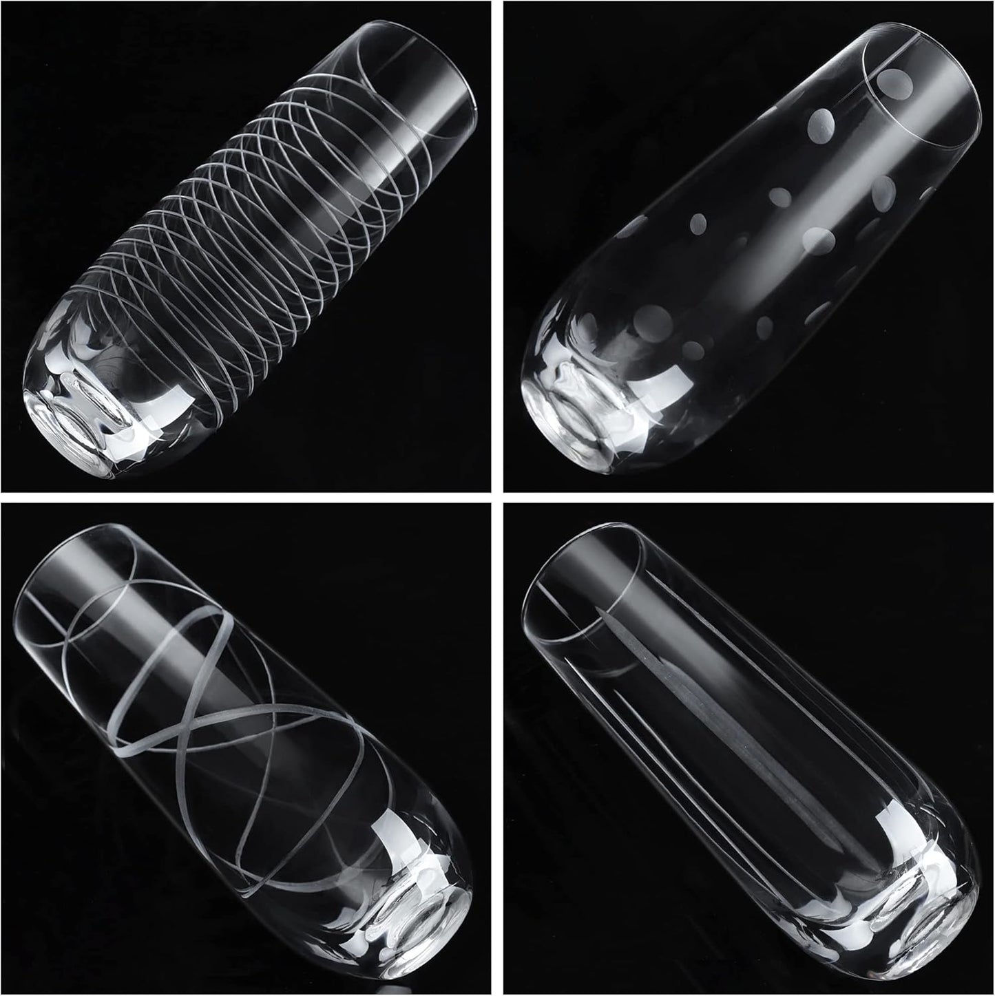 Joeyan Etched Champagne Flutes Glasses Cups,Handmade Mouth Blown Aesthetics Glassware Art Decoration,Home Bar Essentials,Gifts for Wedding Anniversary Daily Use,Set of 4,9.8 oz,Dishwasher Safe