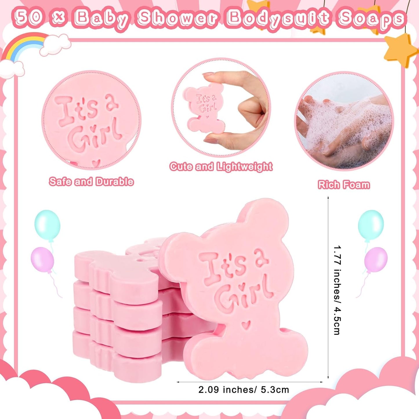 50 Sets Baby Shower Soap Favors for Guests Boy Girl Handmade Scented Soaps with Mini Thank You Tags and Organza Bags for Shower Gender Reveal Party Favors(It's A Girl)