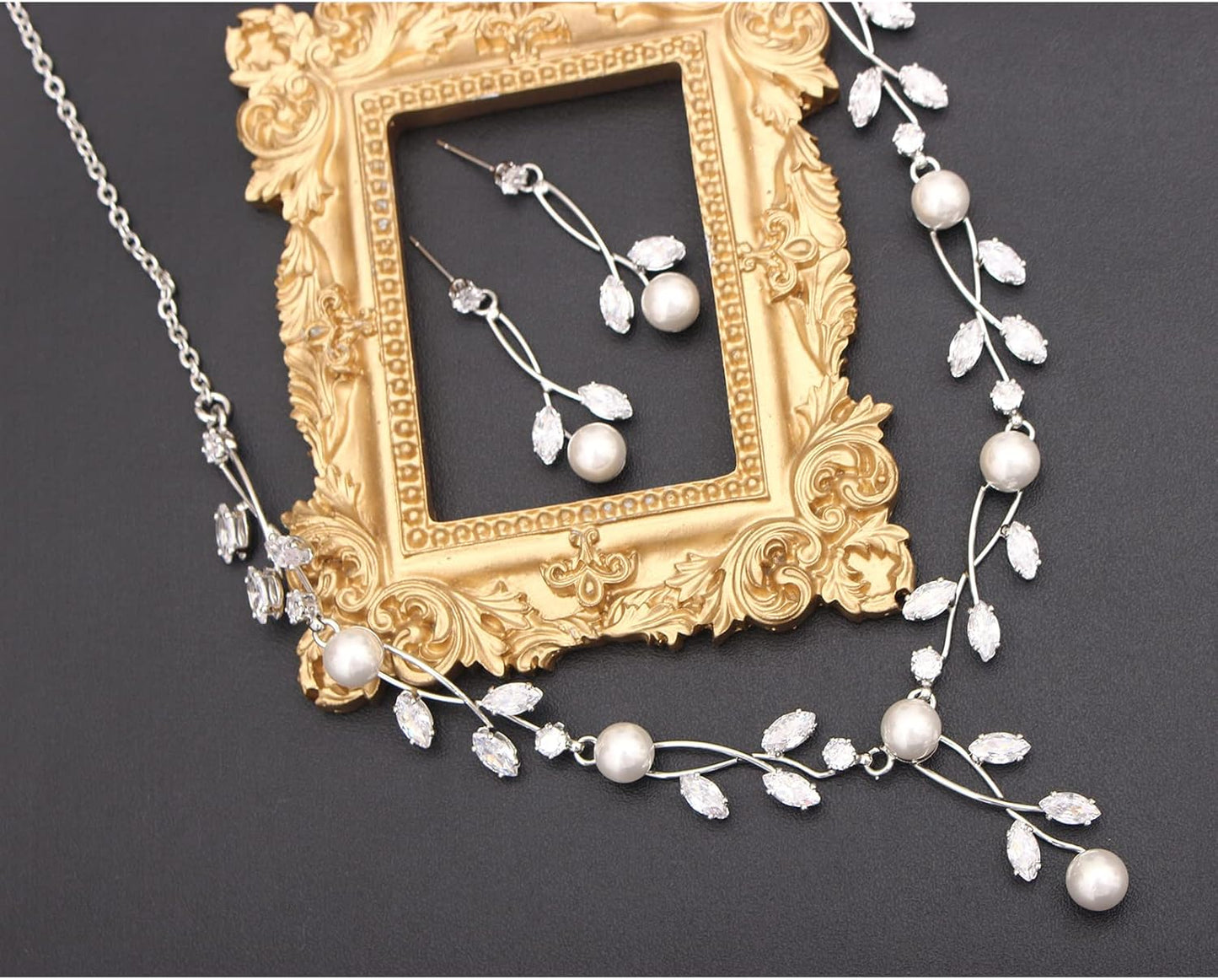 Luxury Cubic Zirconia Aurtrian Crystal Pearl Floral Necklace Dangle Earrings Wedding Bridal Jewelry Set Birthday Gifts for Her