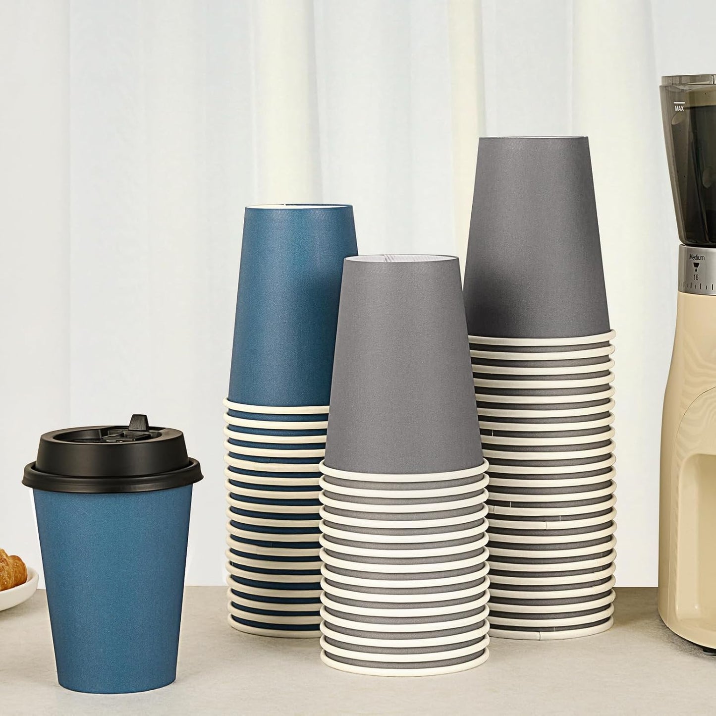 LITOPAK 100 Pack 12 oz Disposable Paper Coffee Cups with Lids for Coffee, Water, Juice, or Tea, Blue and Gray Hot Paper Cups for Home, Restaurant, Store, and Cafe