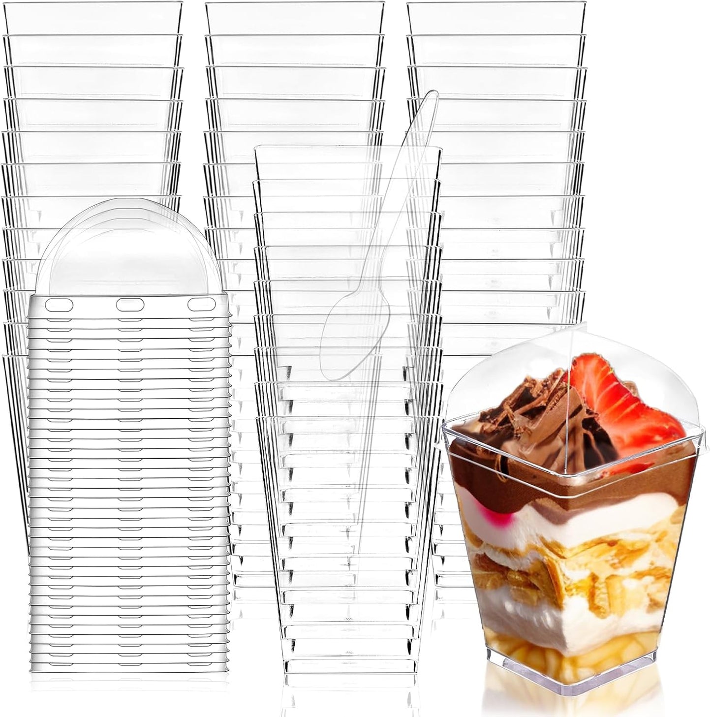 30Pack 5oz Plastic Dessert Cups with Lids and Spoons, Square Clear Parfait Appetizer Cups, Mini Reusable Shooter Serving Cups, Party Dessert Shot Glasses for Tasting