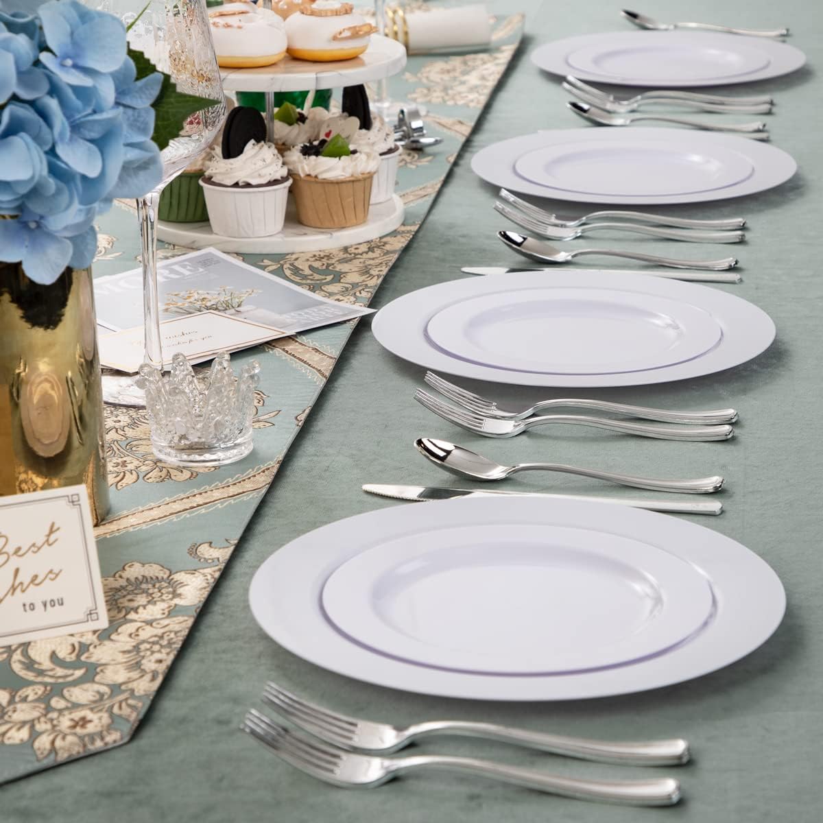 FLOWERCAT 100PCS White Plastic Plates-Heavy Duty White Disposable Plates for Christmas/Easter/Party/Wedding -Serve 50 guests 10.25inch & 7.5inch