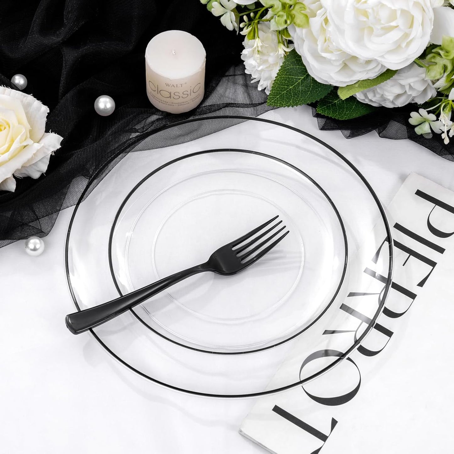 LIYH 60 Pcs Black Plates Disposable for Party Halloween Plates - Clear and Black Disposable Plate Includes 30 Dinner 10.25" & 30 Appetizer/Dessert Plate 7.5" for Wedding Halloween Day