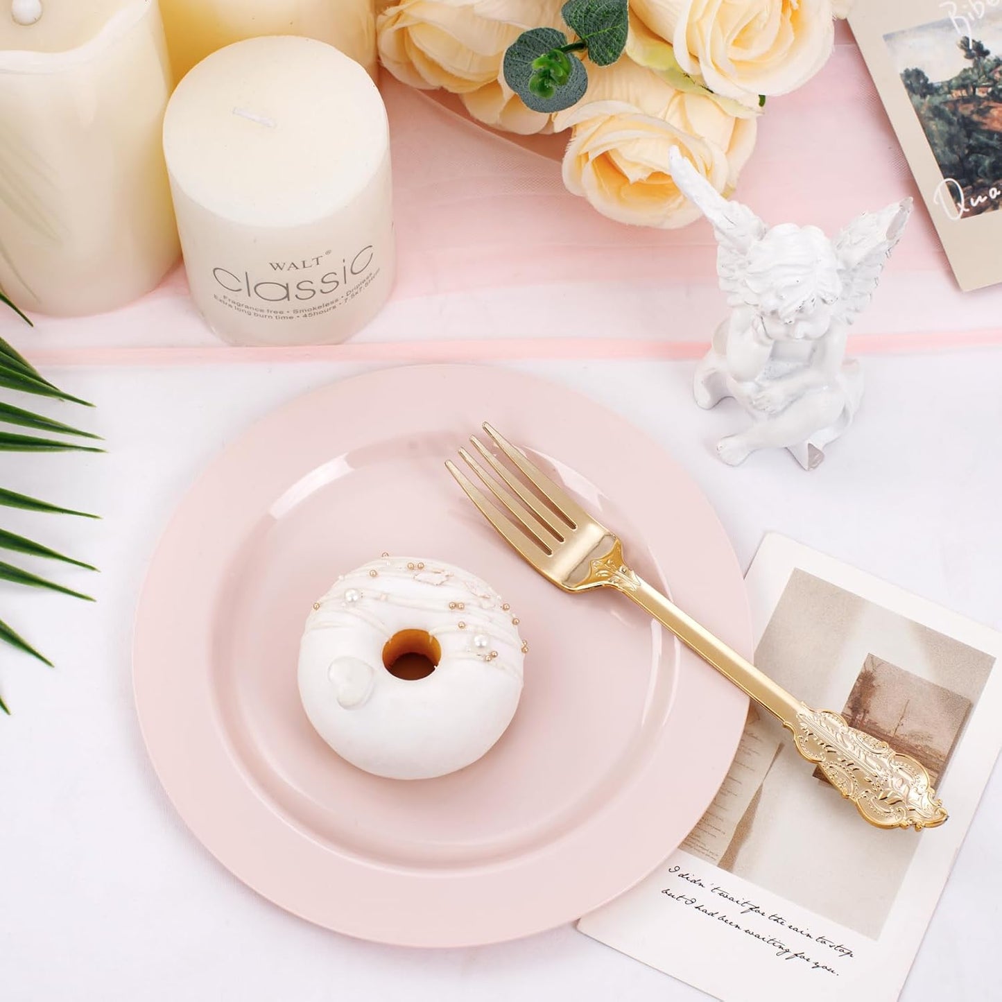 FLOWERCAT 100PCS Pink Plastic Plates - Heavy Duty Pink Party set Disposable serve for 50 guests -10 inch Dinner + 7 inch Dessert/Salad Plates for Easter,Birthday Party,Mother's Day