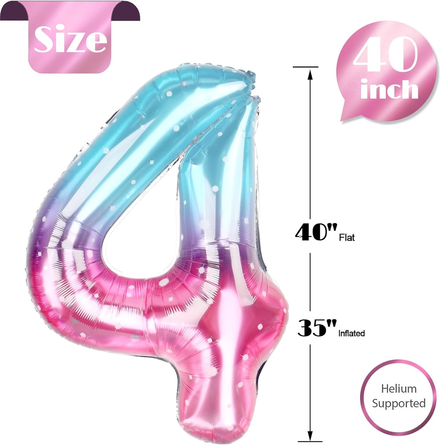 Starry Sky 4 Balloon, Number Balloons 40 Inch, 4th Birthday Decorations for Girls Four Large Numbers for Party Decor, Number 4 Balloon