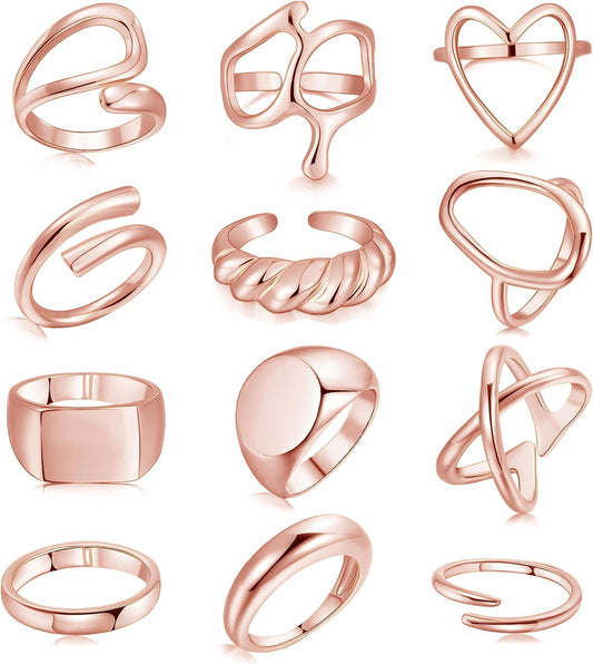 FAXHION 12PCS Gold Stackable Rings Set for Women, 18K Gold Plated Open Stacking Knuckle Ring, Adjustable Chunky Signet Band Statement Ring for Gift