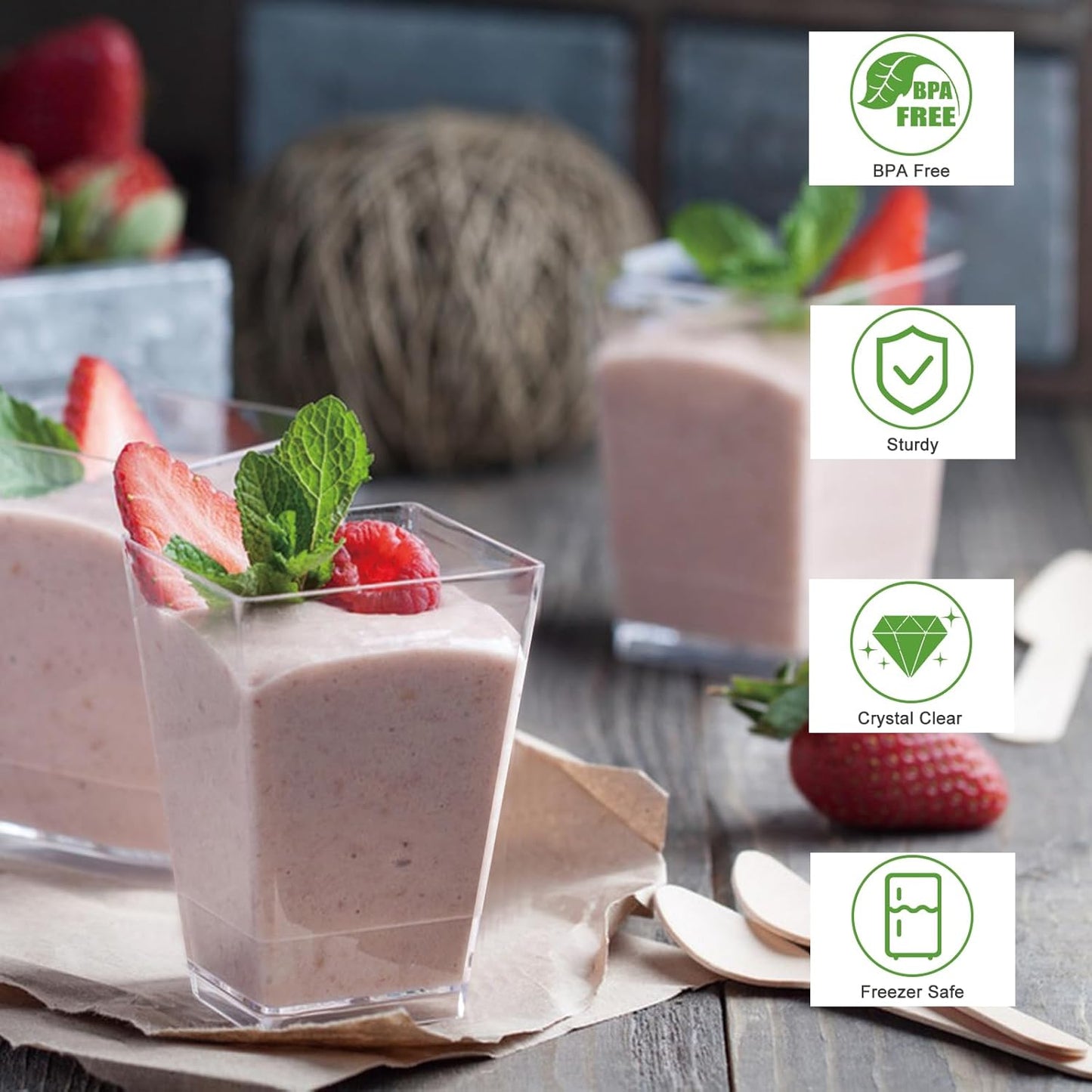 50Pack 5oz Plastic Dessert Cups with Lids and Spoons, Square Clear Parfait Appetizer Cups, Mini Reusable Shooter Serving Cups, Party Dessert Shot Glasses for Tasting