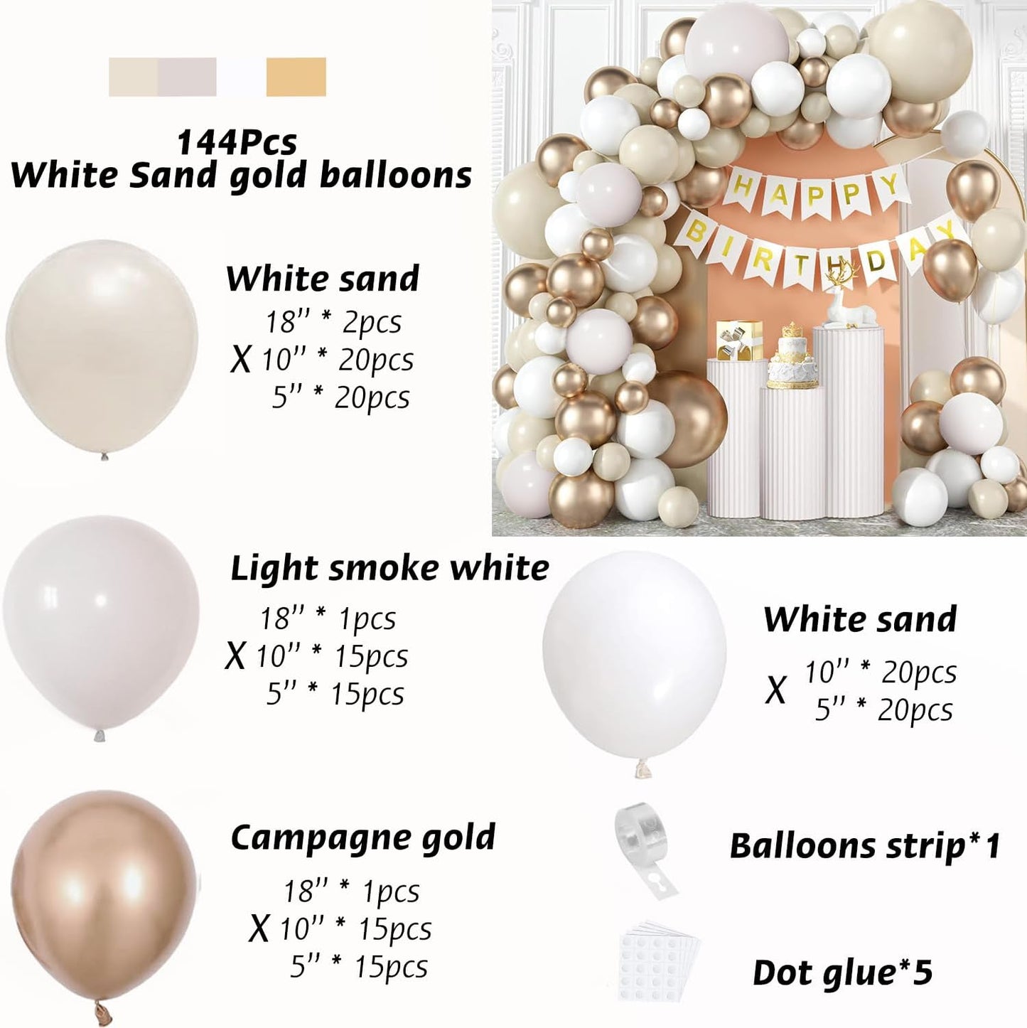 Sand White Gold Balloons Arch Kit, Beige Nude White Balloon with Champagne Gold Balloons Garland Kit for Boho Birthday Wedding Bridal Shower Engagement Party Decorations