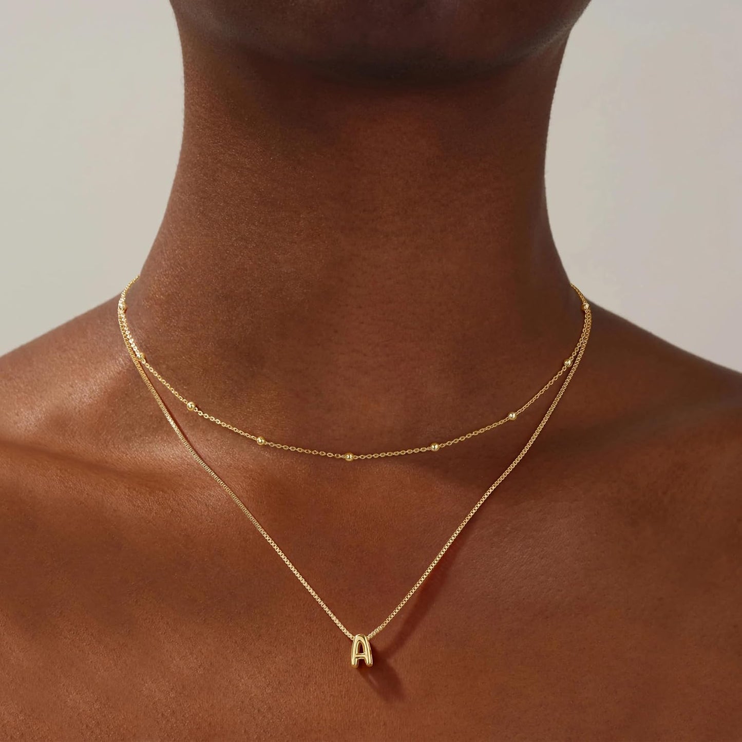 Initial Necklaces for Women - Real Gold Plated Bubble Pendent Dainty Gold Necklace for Women Layered Gold Letter Necklace Beaded Box Chain Choker Necklace Jewelry for Women Gifts for Girls