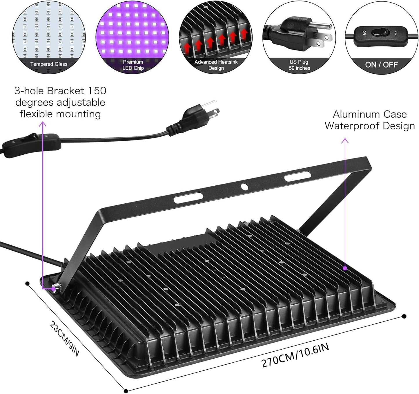 2 Pack 200W LED Black Lights Outdoor, Flood Light with Plug, 395nm to 410nm IP66 Waterproof for Dance Party, Glow in The Dark, Stage Lighting, Body Paint, Fluorescent Poster, Neon Glow