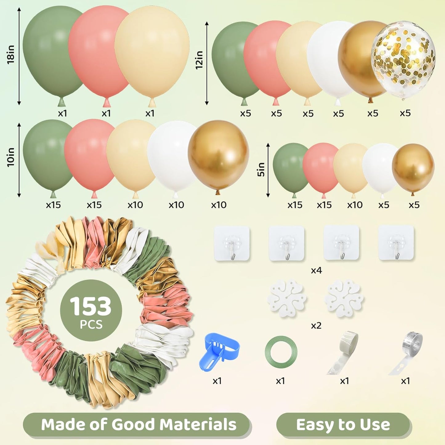 Amandir 153pcs Retro Green Pink Balloon Garland Arch Kit, Different Sizes 18 12 10 5 inch White Dusty Pink Latex Metallic Confetti Balloons for Jungle Safari Birthday Party Baby Shower Decorations