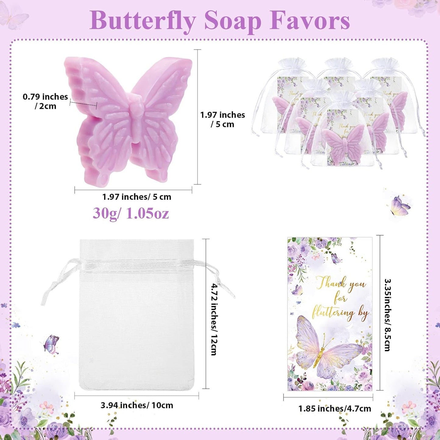 Dunzy 30 Set Butterfly Theme Baby Shower Favors for Guests Christmas Butterfly Soap Favors with Thanks You Cards Gender Reveal Baptism Party Decorations Wedding Bridal Souvenirs (Purple)