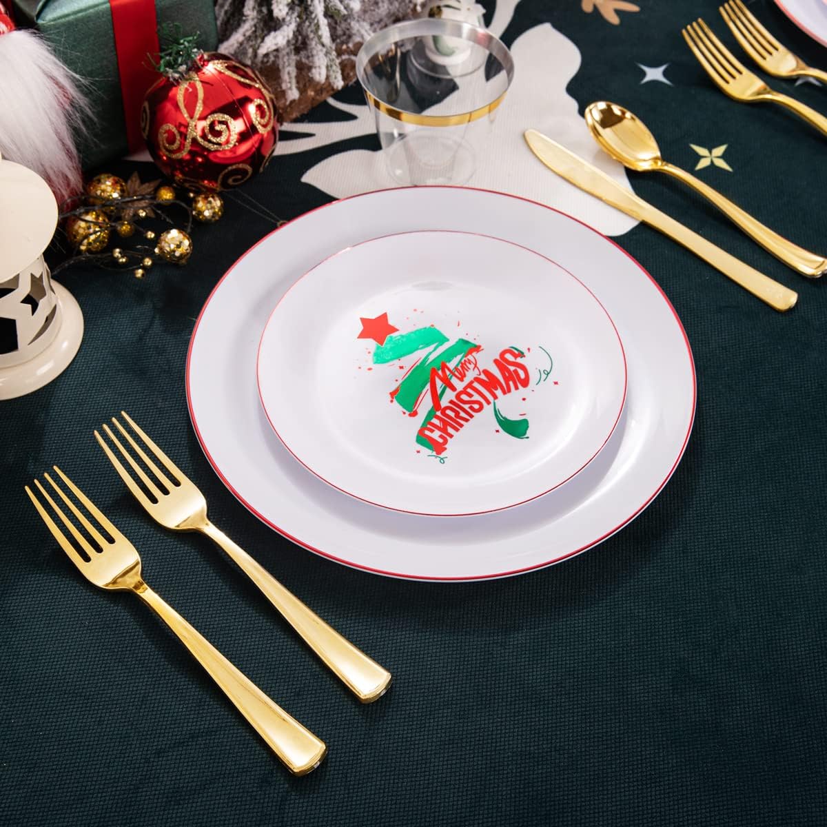 KIRE 25 Guest Christmas Plates - White & Green Tree Plastic Plates & Gold Disposable Utensils & Clear Gold Cups for Christmas Parties