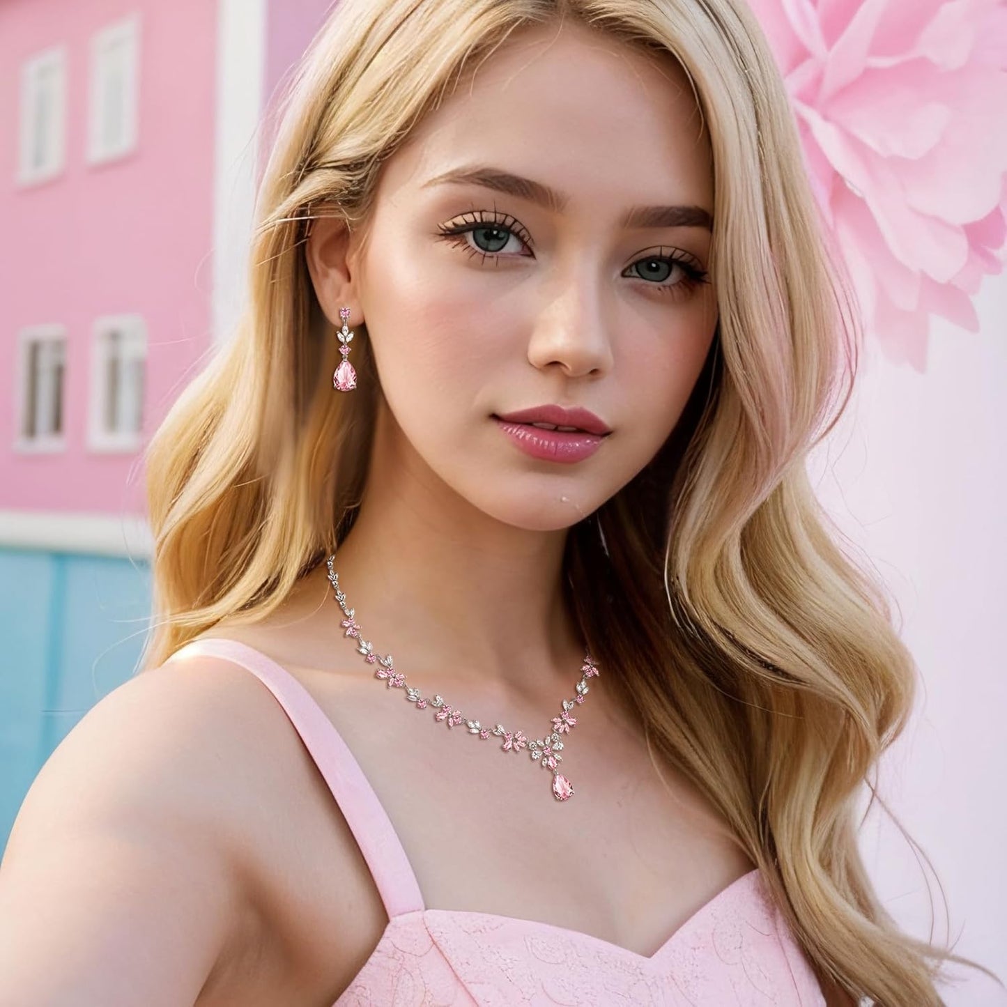 EVER FAITH Bridal Jewelry Set for Bride Bridesmaid, Flower Leaf Teardrop Cubic Zirconia Necklace Dangle Earrings Bracelet Sets Wedding Party for Women