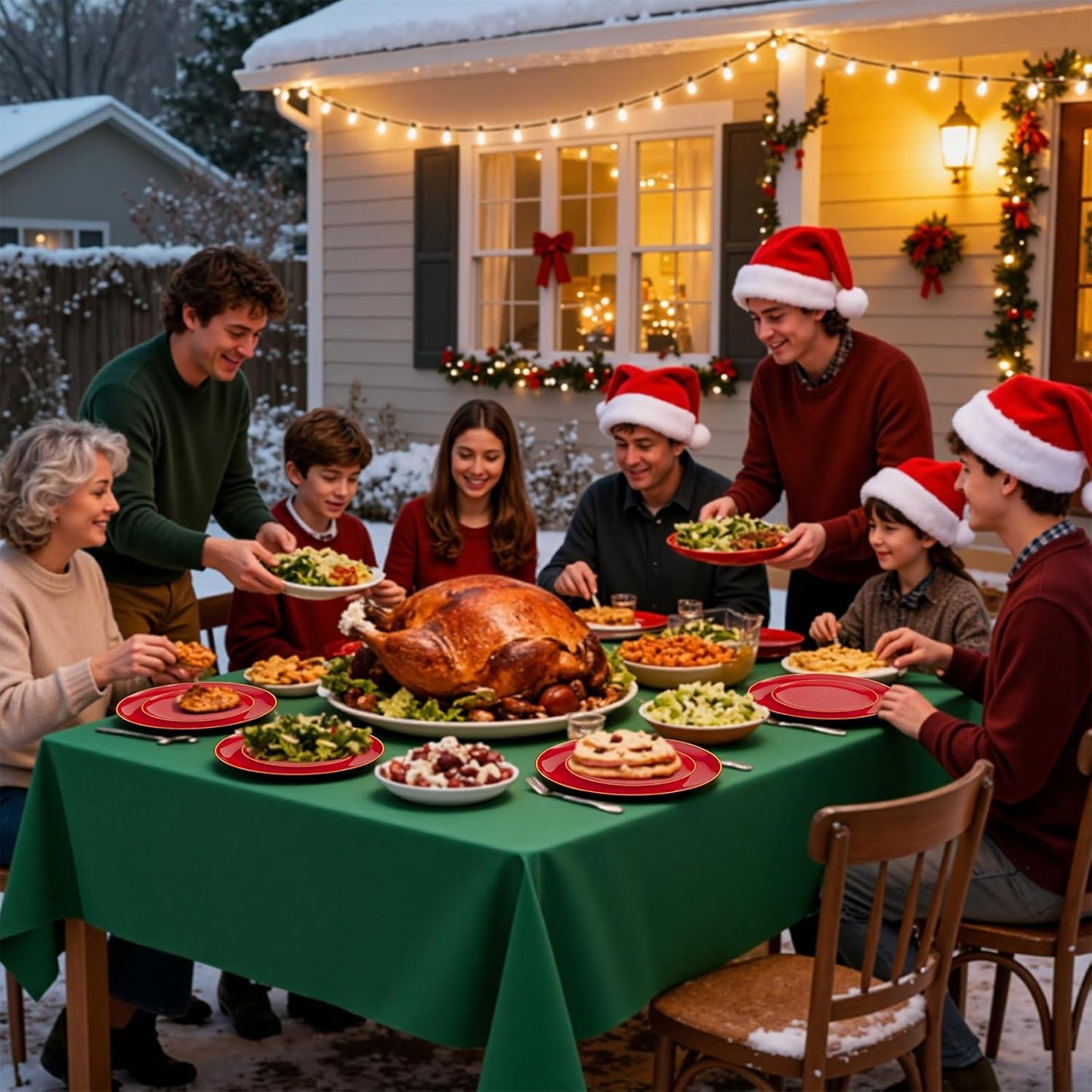 WDF 300Pcs Red Disposable Plates - Christmas Plates - 50guest Disposable Dinnerware Include 50 Dinner Plate, 50 Dessert Plate, 150 Cutlery & 50 9oz Cups for Christmas & Parties