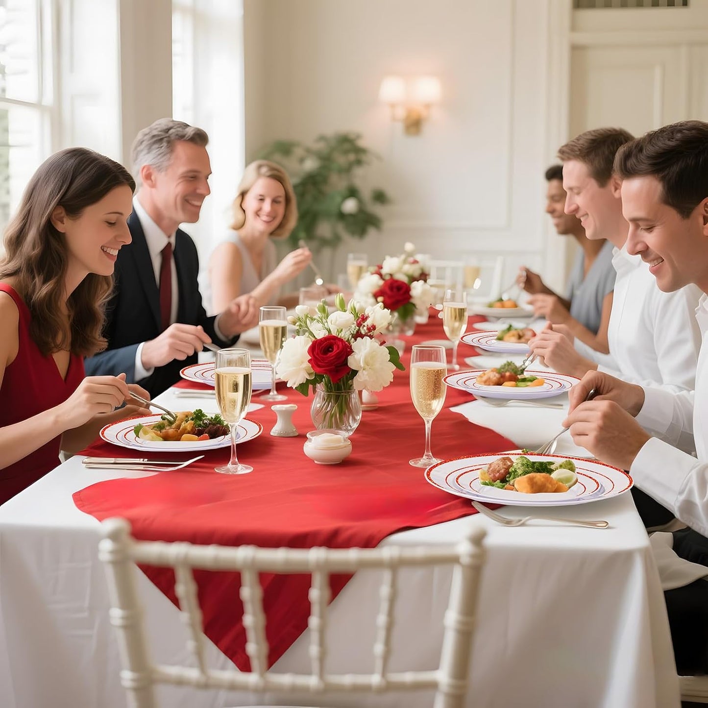 U-QE 100pcs Glitter Red Plastic Plates for Party - White Plates Disposable Heavy Duty - Include 50 10" Dinner and 50 7" Dessert Plate, Perfect for Party, Wedding(Glitter Red)