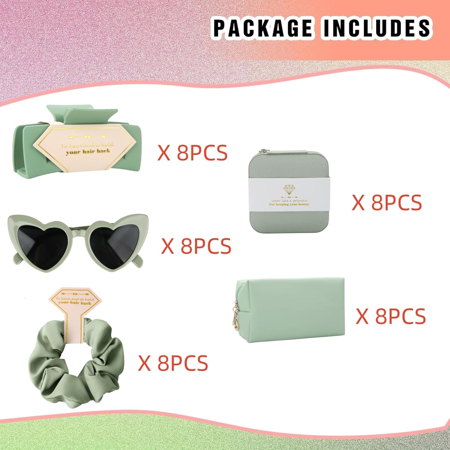 Bridesmaid Scrunchies Proposal Gifts Bachelorette Hair Claws Clips Girls heart sunglasses for Wedding Party Favors (40, White&Sage Green box)