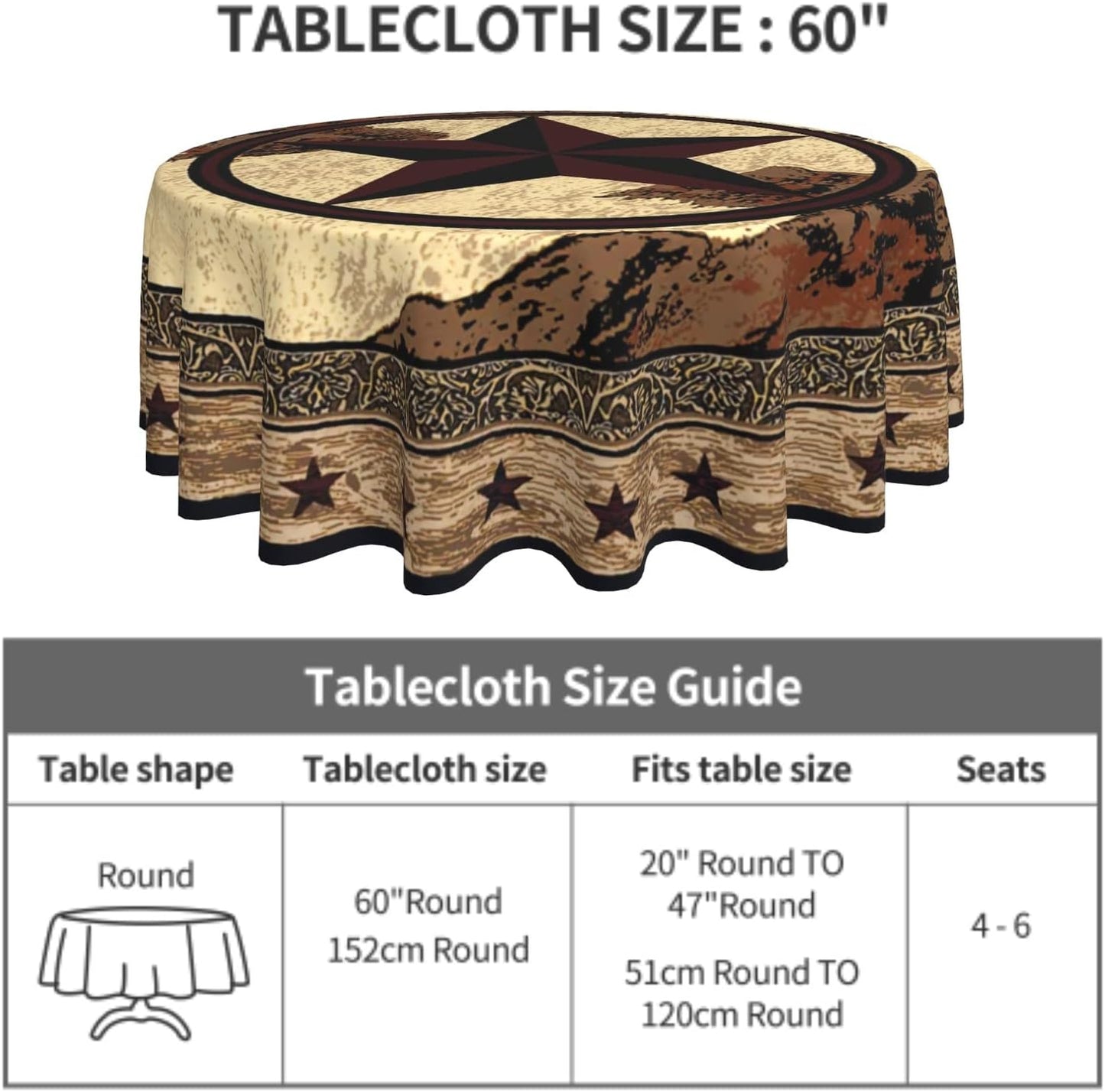Giwawa Western Texas Star Tablecloth Round- Rustic Stars on Vintage Brown Wood Board Print- 60" Cabin Country Style Heat Resistant Table Cloth Cover for Kitchen Dining Indoor Outdoor Decor