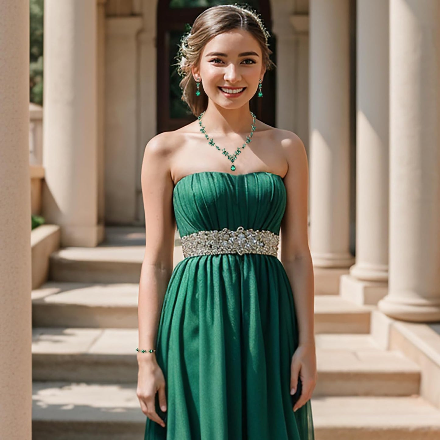 BriLove Wedding Jewelry Set for Women Bride, Y-Necklace Tennis Bracelet Dangle Earrings Crystal Teardrop Marquise Cluster for Bridal Bridesmaid