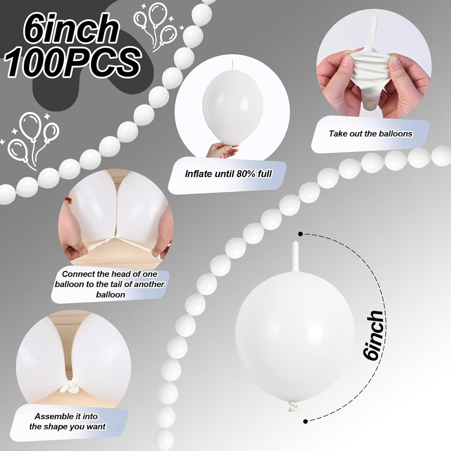 White Link Balloons, 100PCS Linking Balloons with Tail for Making Balloon Wall Arch and Chains, Pearl Quick Balloon for Wedding Birthday Baby Shower Engagement Graduation Party Decorations (6inch)