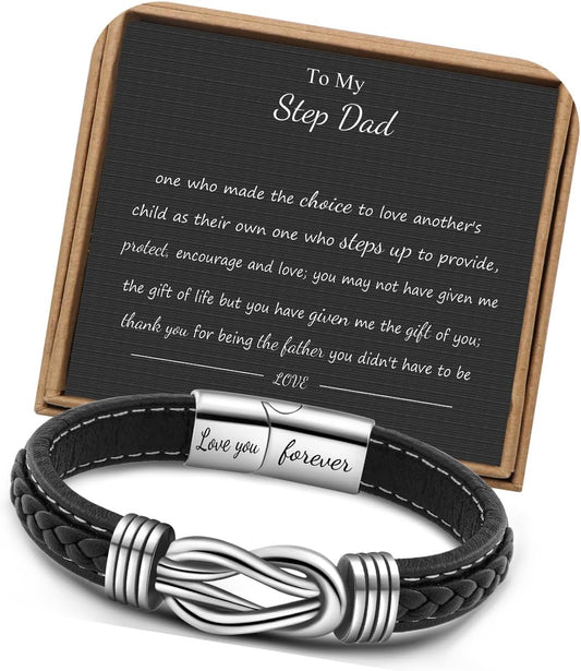 𝗞𝗻𝗼𝘁 𝗕𝗿𝗮𝗰𝗲𝗹𝗲𝘁 𝗚𝗶𝗳𝘁𝘀 𝗳𝗼𝗿 𝗠𝗲𝗻 Brown Braided Leather Stainless Steel Infinity Bracelets Lettering Love You Forever Gifts for Son Grandson Husband Boyfriend Brother Always Linked Together