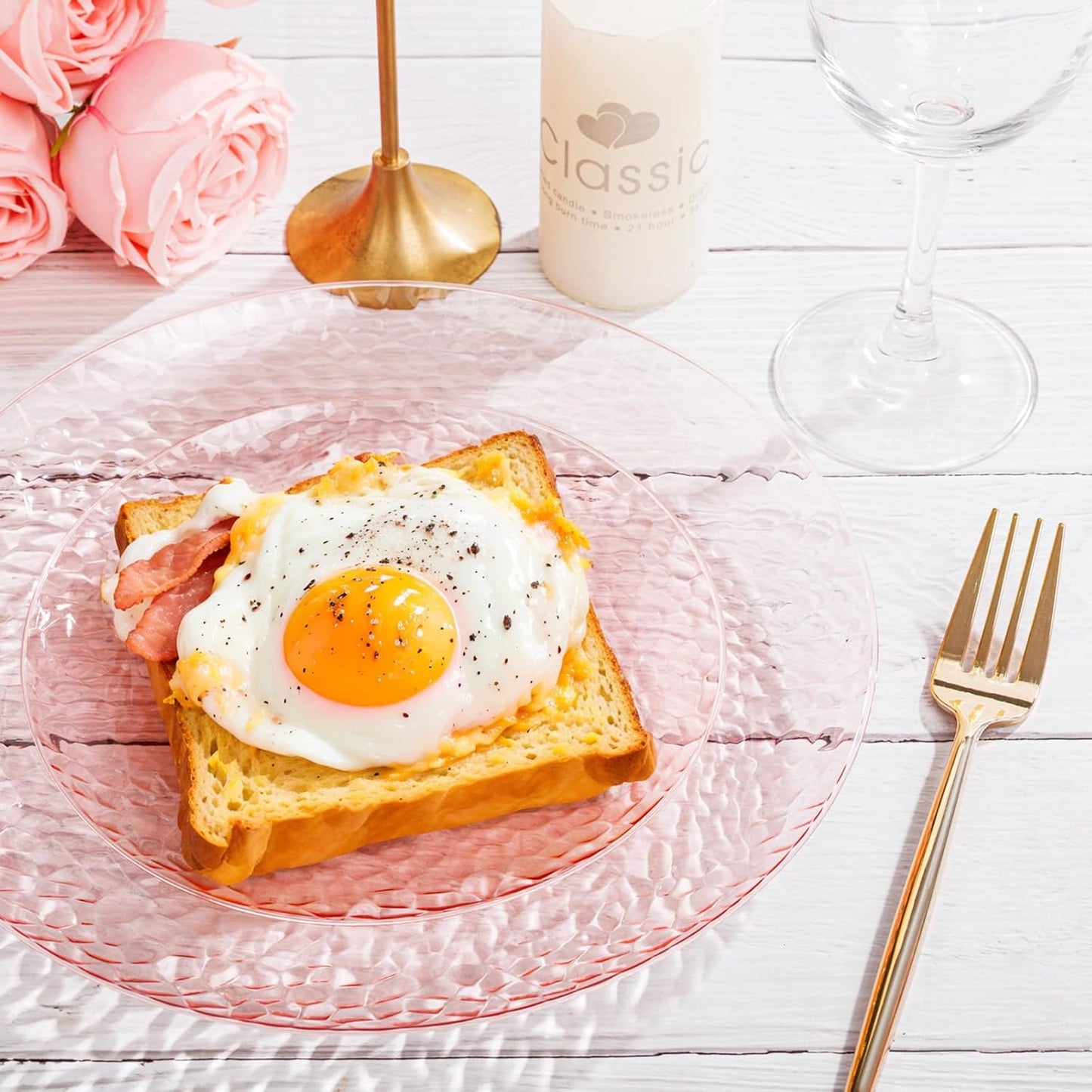 Rubtlamp 100 Pcs Clear Pink Plastic Plates Dinnerware Set, Hammered Plastic Pink Plates Set,Clear Disposable Party plates Include 50 Dinner Platos,50 Dessert Platos