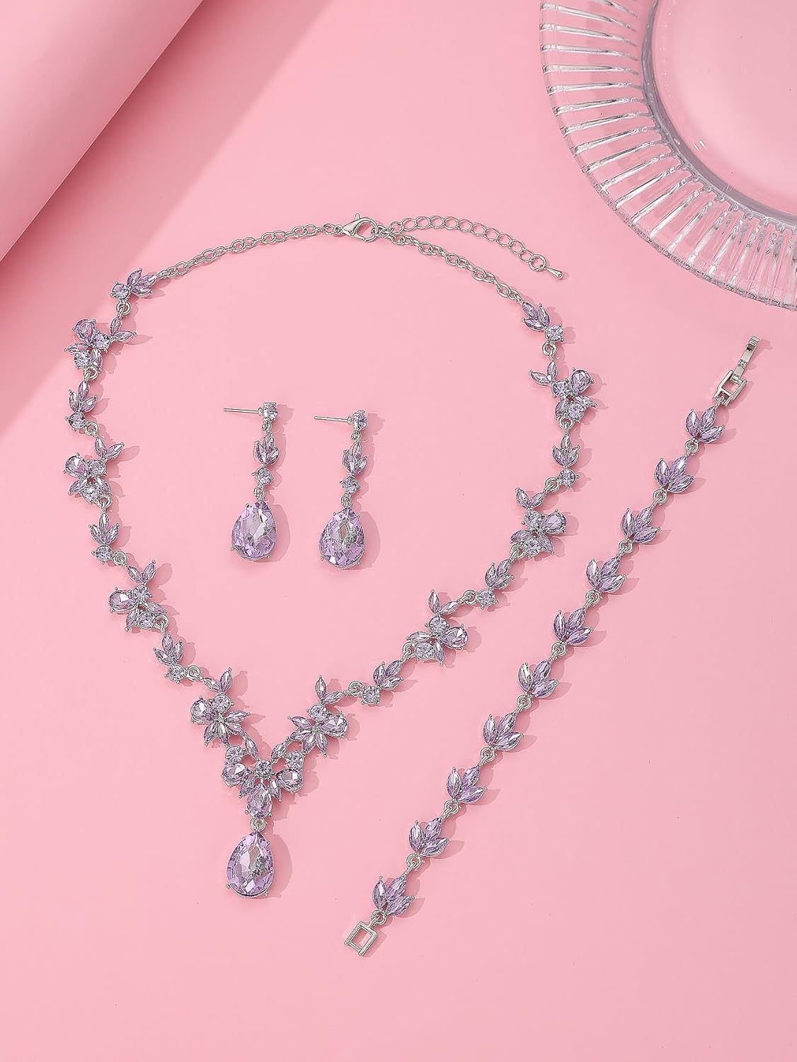Bridal Wedding Elegant Floral Jewelry Set for Women/Brides/Bridesmaids Crystal Jewelry Set for Wedding Prom Party Bridal Crystal Necklace Earrings Bracelet Set