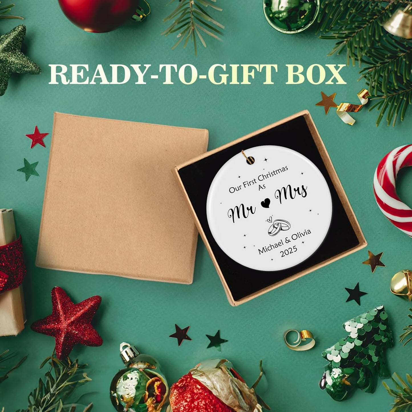 Personalized First Christmas Married Ornament 2025, Custom Engaged Christmas Ornaments with Names, Customized Wedding Engagement Gifts for Newlywed Couples Him Her