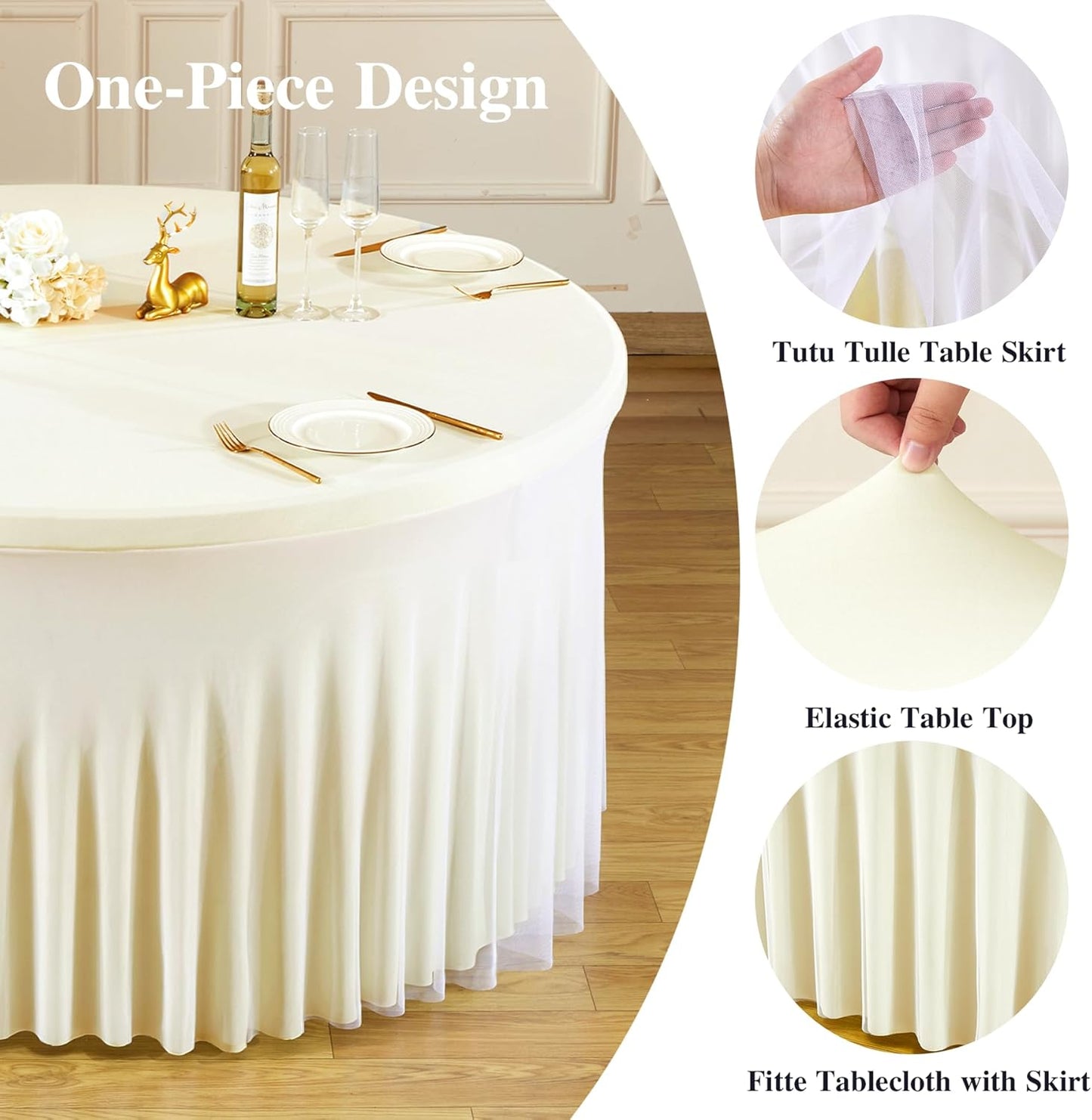 Ivory Tulle Round Tablecloth for 60 inch Tables, Spandex Fitted 5FT Ivory Round Table Covers with Tulle Skirt for Baby Shower Wedding Birthday Party Cake Banquet Table Decoration