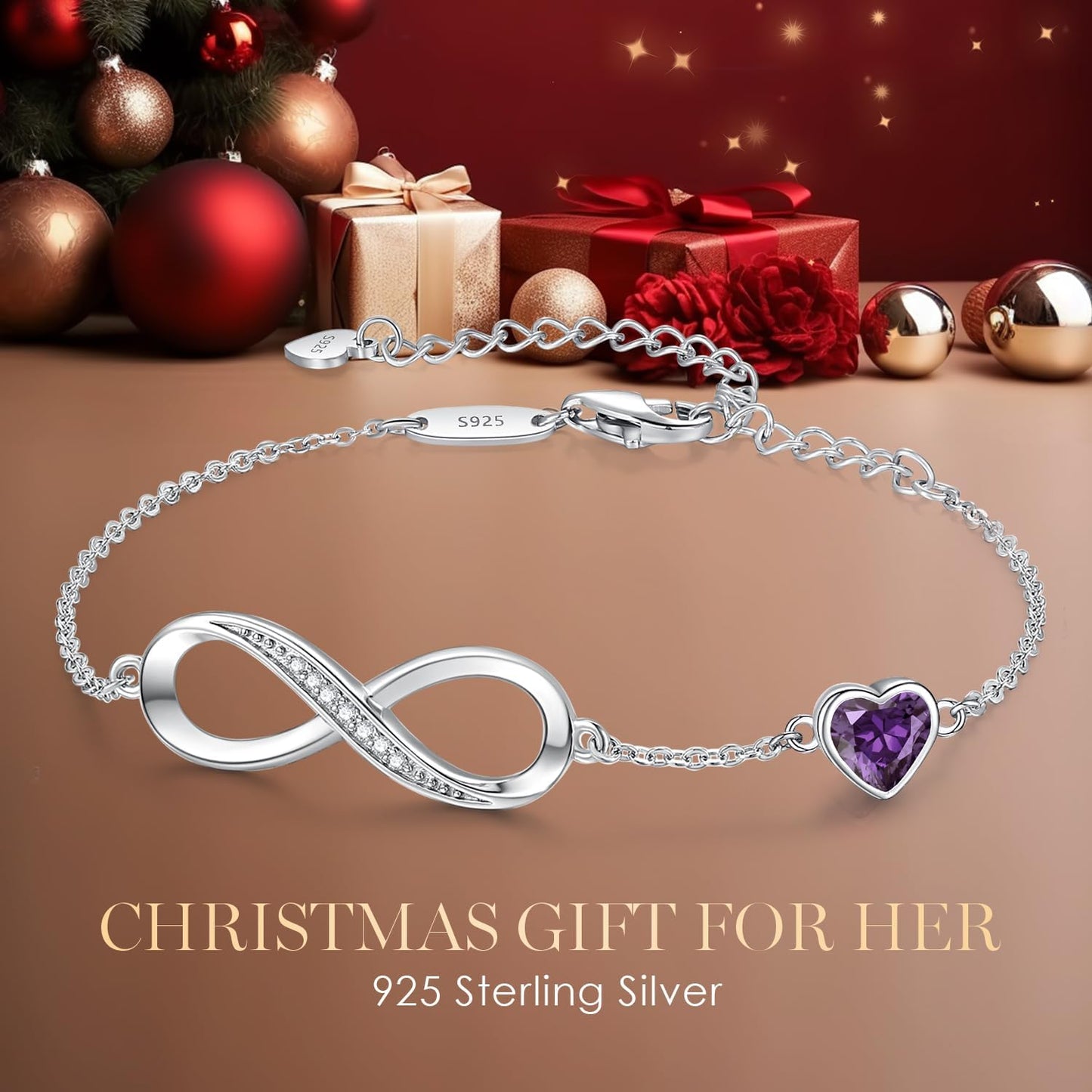 CDE Infinity Heart Birthstone Charm Link Bracelet for Women 925 Sterling Silver Adjustable Mother's Day Christmas Day Gift Anniversary Birthday Jewelry for Wife Girlfriend Her