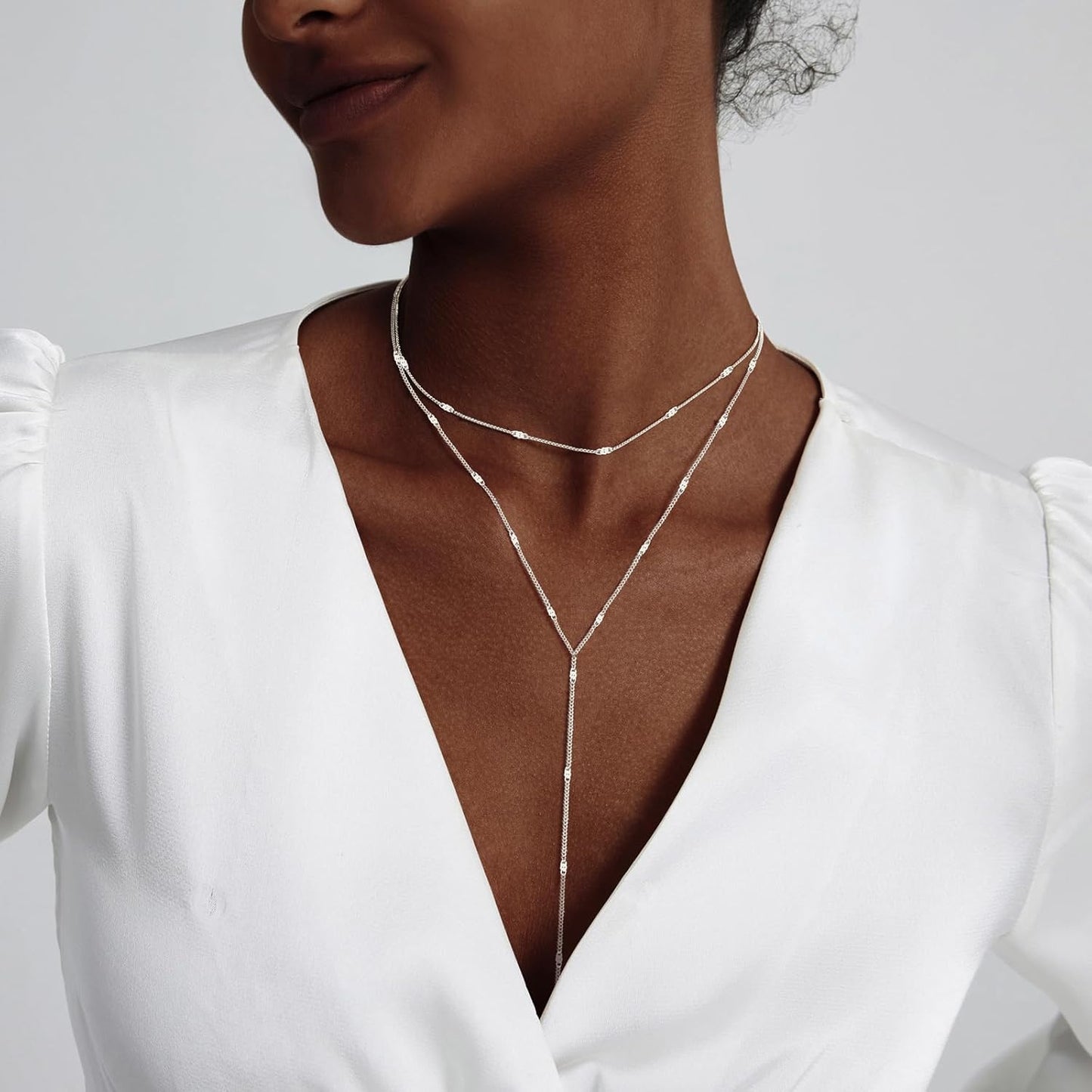 Lariat Gold Necklace for Women, Dainty Long Necklace 14k Gold Plated/Silver Y-Shaped Layered Beaded Chain Drop Necklaces for Women Trendy Simple Gold Jewelry for Women Gifts