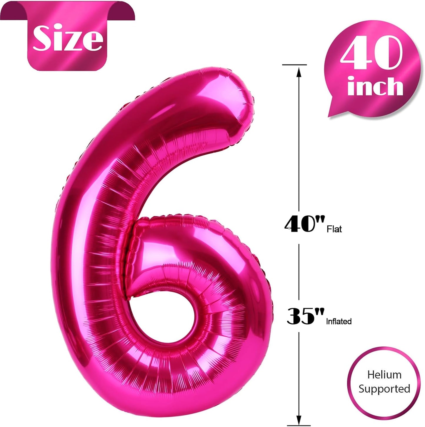 Hot Pink 6 Balloon, Number Balloons 40 Inch, 6th Balloons for Birthday Decorations, Hot Pink Party Supplies 6 Birthday Balloon, Number 6 Balloon