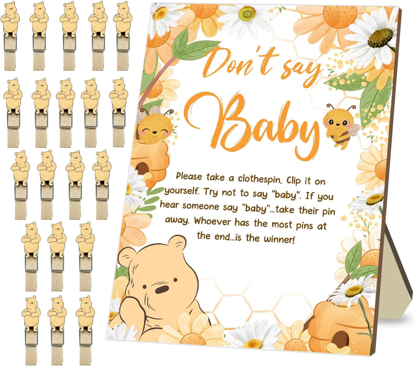 Winnie Baby Shower Party Decor, Winnie Don't Say Baby Game Set, Include Don't Say Baby Game Sign and 20 Mini Winnie Clothespins, Baby Shower Birthday Party Decorations Supplies