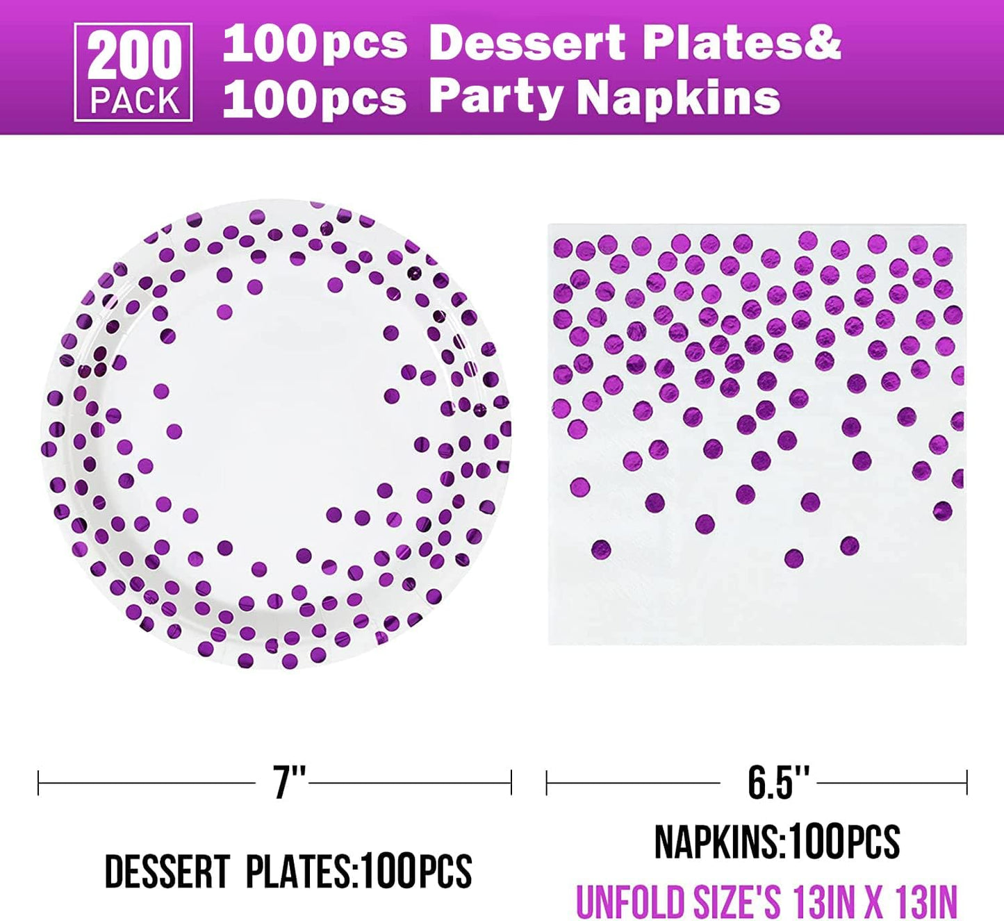 Purple and White Gold Paper Plates and Napkins 200Pack-100 x 7" Dessert plates & 100 x 6.5'' Napkins,Purple Paper Plates for Appetizers,Cakes and Salads,for Birthdays,Graduation,Carnival