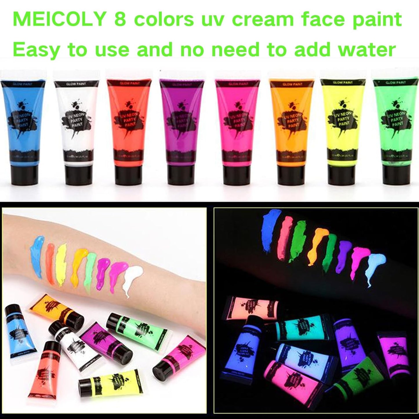 MEICOLY Glow Blacklight Face Paint,Neon UV Body Paint Set of 8 Tubes Blacklight Reactive Paints,Glow in the Dark Body Paint Neon Party Supplies,Neon Fluorescent Face Paint Blacklight Glow Makeup