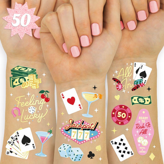 xo, Fetti Casino Temporary Tattoos - 50 Gold Foil | Bachelorette Decorations, Birthday Accessory, Las Vegas Bach Theme Favor, Game Night Bday Gift, Feeling Lucky Dice Decor, Girls Poker Party