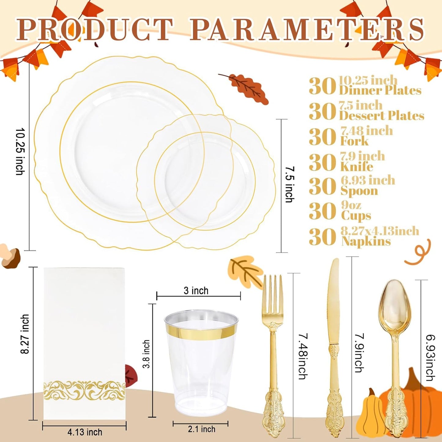 KIRE 210Pcs Clear and Gold Plastic Plates - Heavy Duty Clear Plates with Gold Rim - Disposable Dinnerware Sets of 60 Plastic Plate 90 Silverware 30 Cups 30 Napkins for Wedding/Thanksgiving Parties