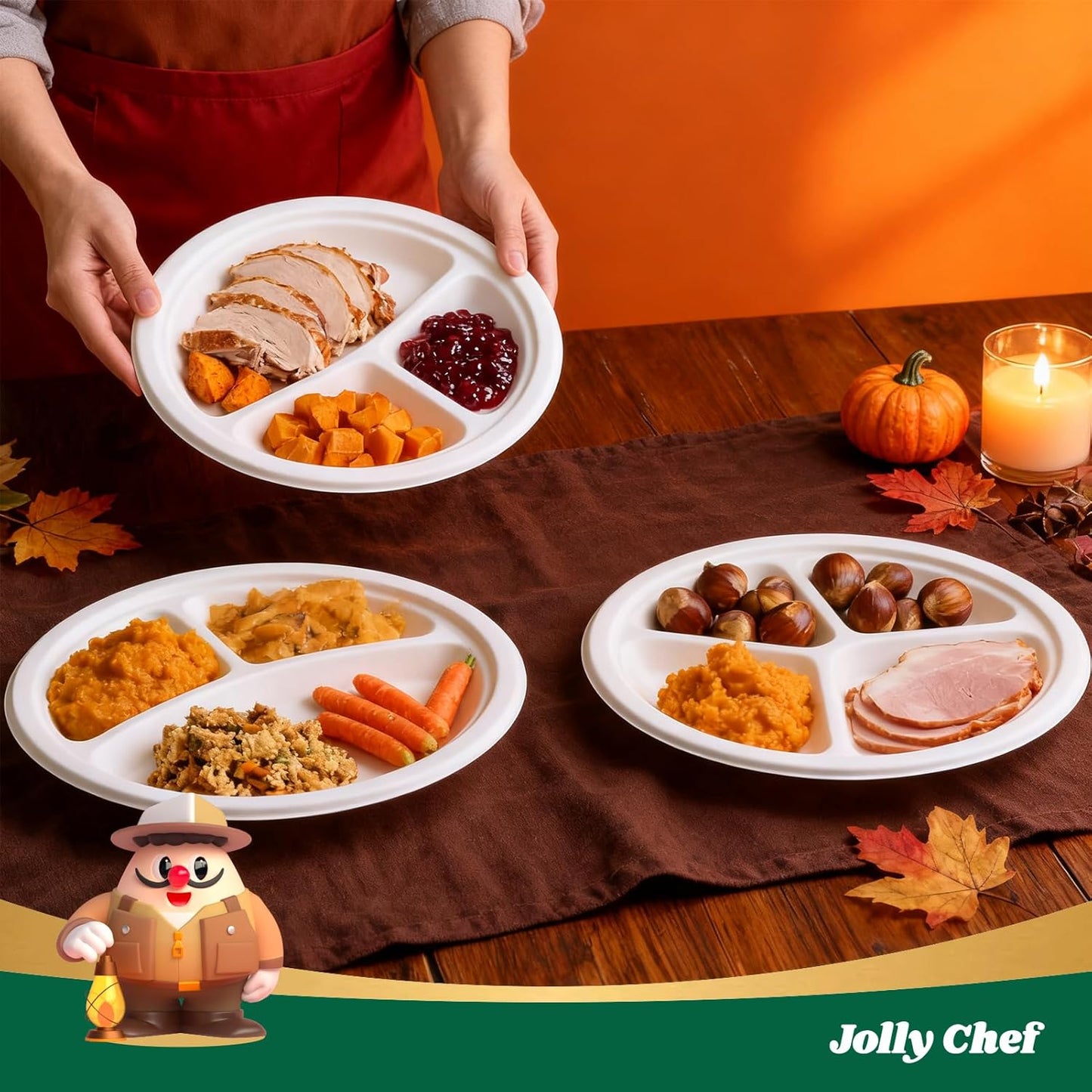 JOLLY CHEF Compostable 𝟯 Compartment Paper Plates 𝟵 𝗜𝗻𝗰𝗵 [𝟭𝟱𝟬 𝗣𝗮𝗰𝗸] Heavy Duty Divided Disposable Eco-Friendly Bagasse Biodegradable White Round Trays for Party Dinner Thanksgiving Day