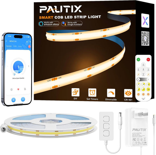 PAUTIX LED Strip Warm White 20ft/6.1m,Smart LED Strip Light Kit Compatible with Alexa/Google Assistant,Dimmable 24V 3000K COB LED Strip Light for Bedroom,Kitchen,Cabinet,Mirror,Sunroom
