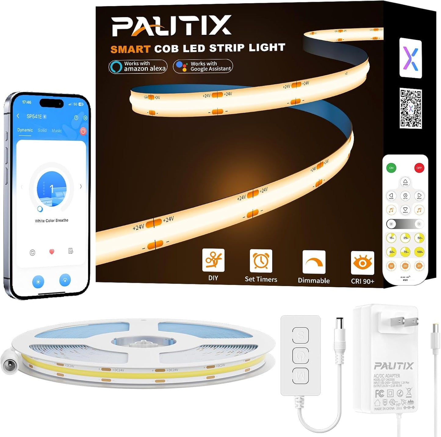 PAUTIX COB LED Strip Light 32.8ft/10m,Work with Alexa/Google Assistant,4800LEDs Warm White 3000K,CRI93+ Super Bright High Lumen,Dimmable 24V Flexible LED Light Strip,for Home&Office DIY Lighting