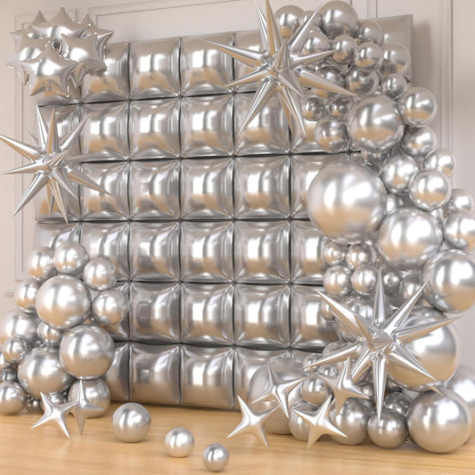 87pcs Silver Balloon Garland Arch Kit - 50pcs Square Foil Balloons Wall Backdrop for Birthday Party Anniversary Disco Graduation Prom Party Decorations