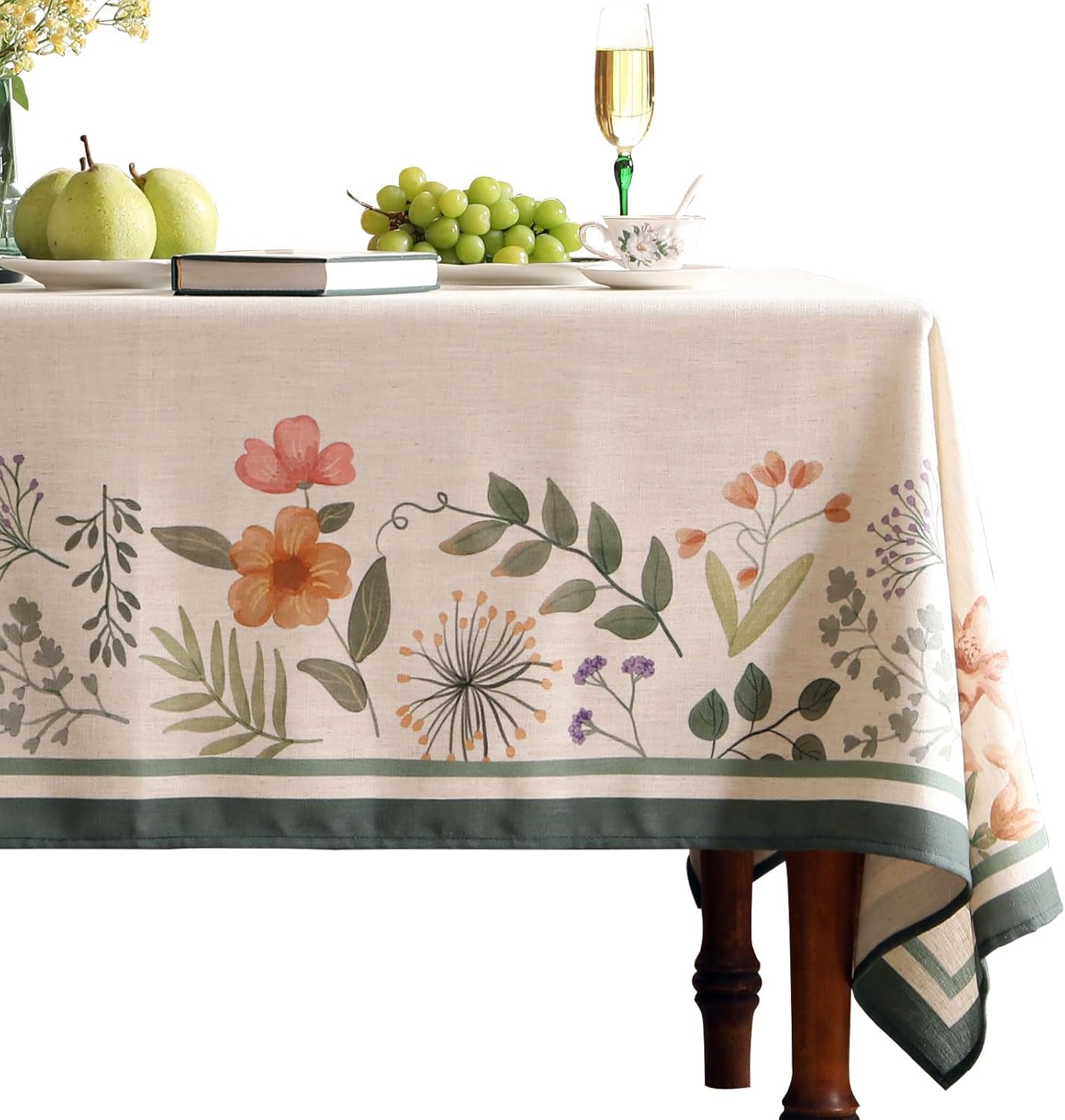 Beige Linen Long Rectangle Tablecloth,Vintage French Shabby Chic Floral Wrinkle Free Table Cloth,Decor Table Cover for Kitchen,Dining,Party,Christmas,Thanksgiving,63"*102"-Manolya