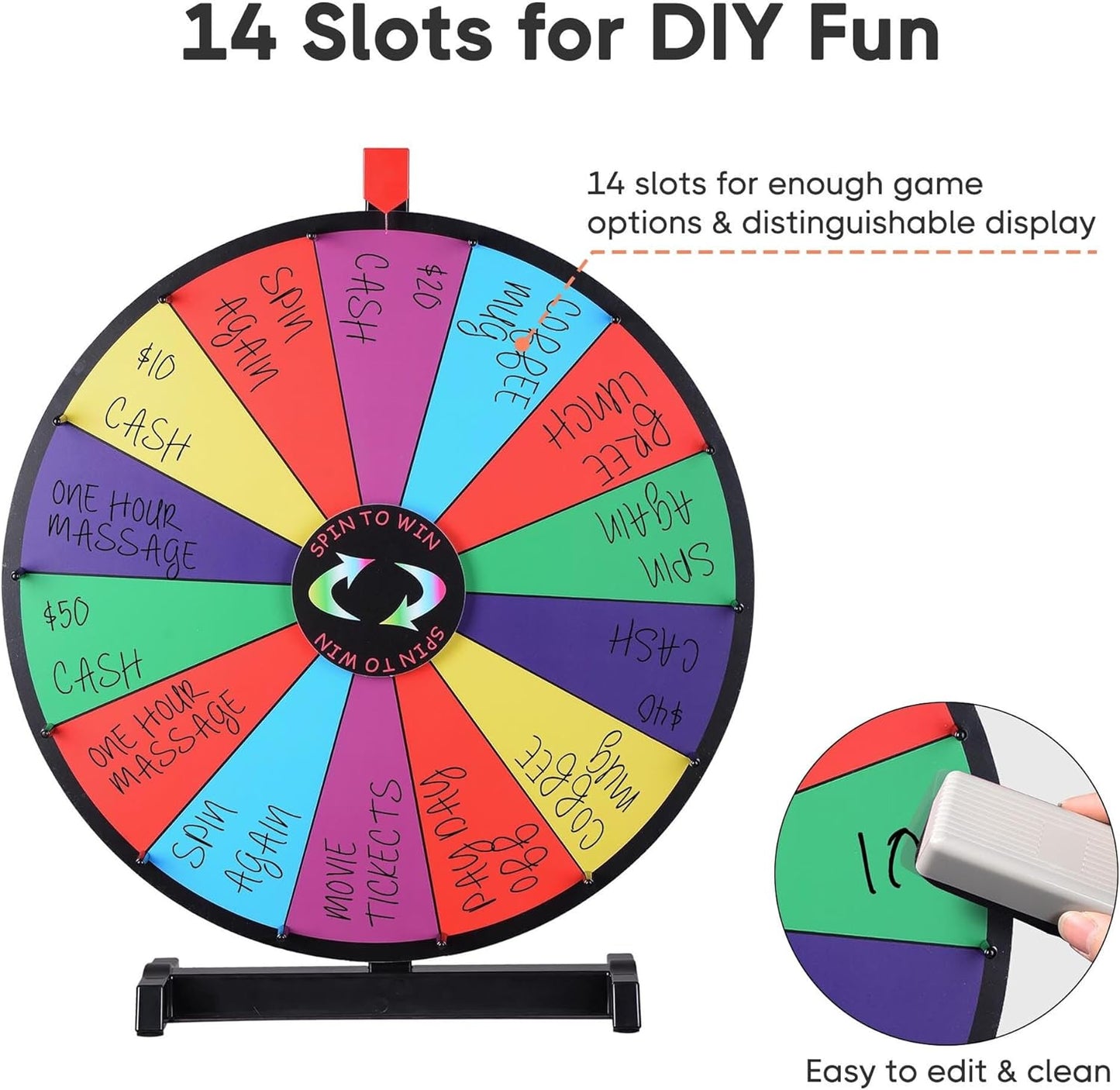 WinSpin 24" Heavy Duty Spinning Prize Wheel Large 14 Slots Tabletop Color Roulette Wheel with Dry Erase Marker & Eraser for Trade Show Fortune Spinning Game, Classic Series