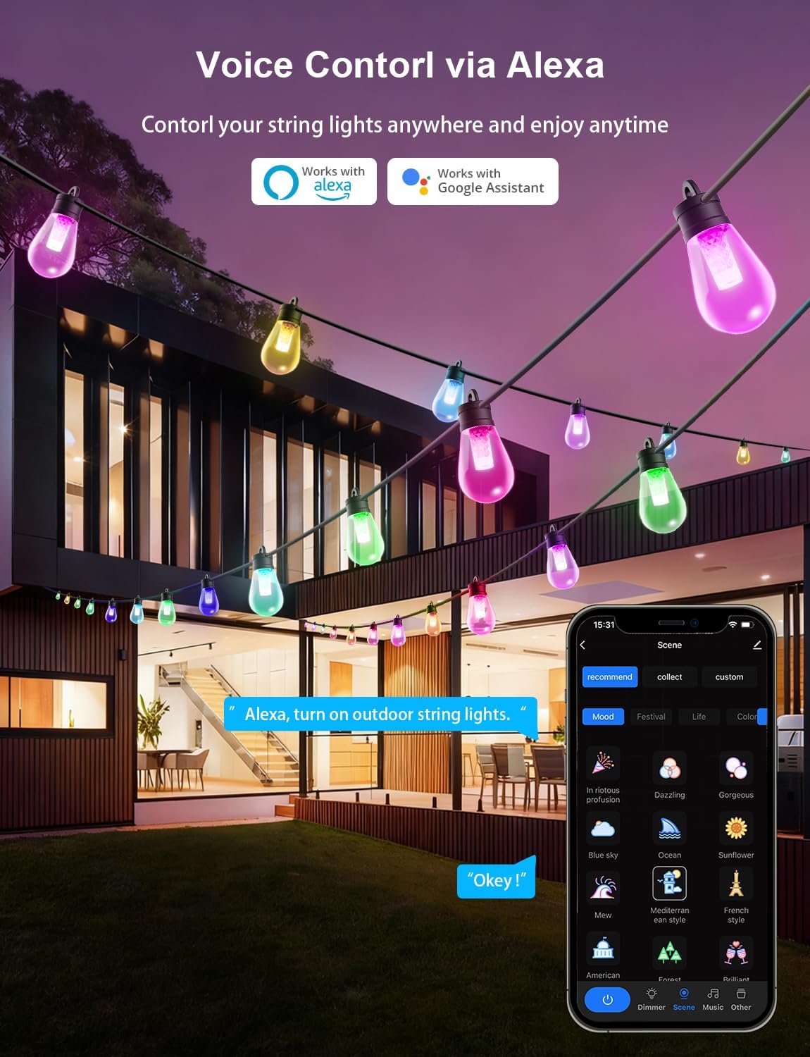 APPECK Smart Outdoor String Lights, 100ft Smart RGBW Outdoor Patio Lights with 30 LED Bulbs, Extendable, 111 Scene Modes, IP65 Waterproof Lighting for Outside, Halloween Decor, Compatible with Alexa