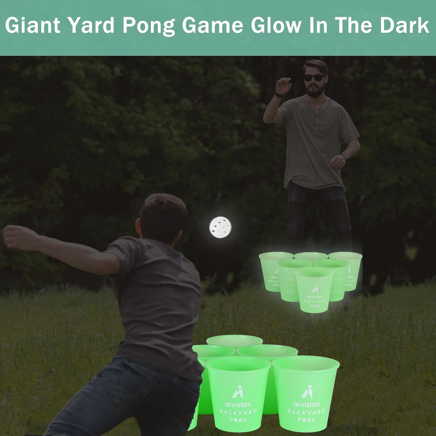 Yard Pong Outdoor Games Glow Set in Dark for Adults,Family and Kids,Giant Yard Pong for Beach,Camping,Lawn,Backyard and Yard Parties,with Buckets, Balls and Carrying Bag