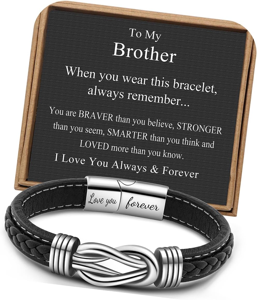 𝗞𝗻𝗼𝘁 𝗕𝗿𝗮𝗰𝗲𝗹𝗲𝘁 𝗚𝗶𝗳𝘁𝘀 𝗳𝗼𝗿 𝗠𝗲𝗻 Brown Braided Leather Stainless Steel Infinity Bracelets Lettering Love You Forever Gifts for Son Grandson Husband Boyfriend Brother Always Linked Together